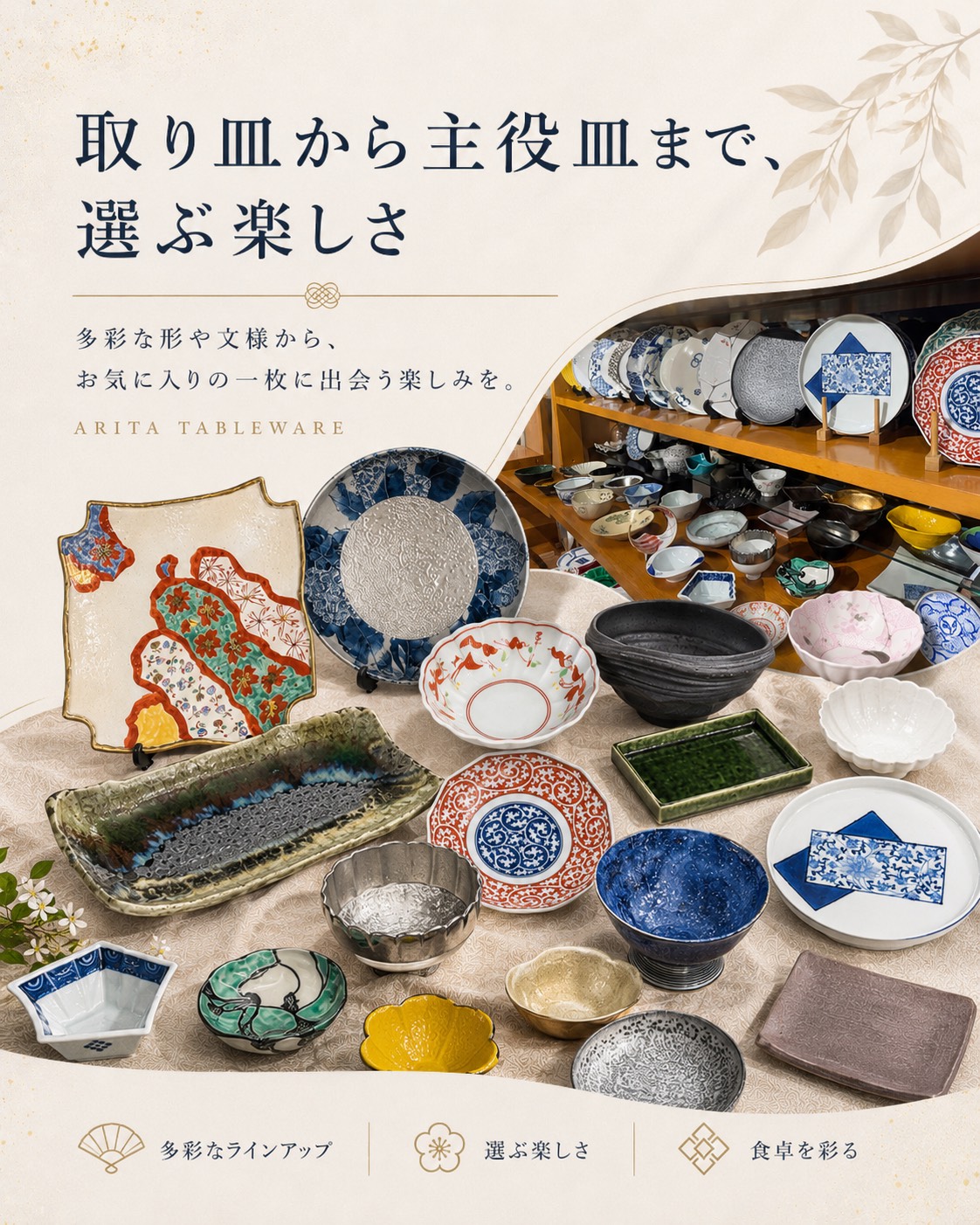 取り皿から主役皿まで選ぶ楽しさ ショールームの陳列棚